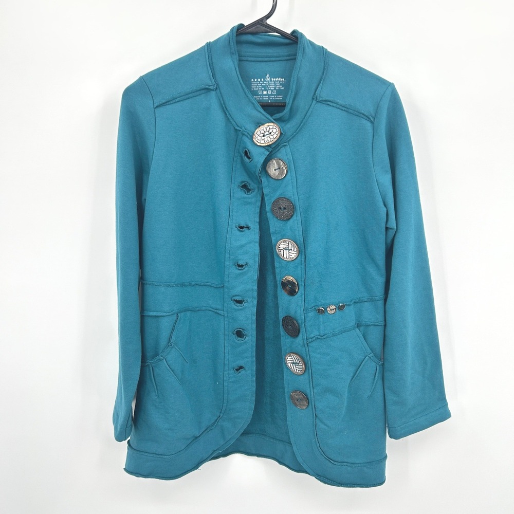 Neon‎ Buddha Mixed Button Asymmetric Jacket Small Teal Lagenlook Boho Artsy Twee